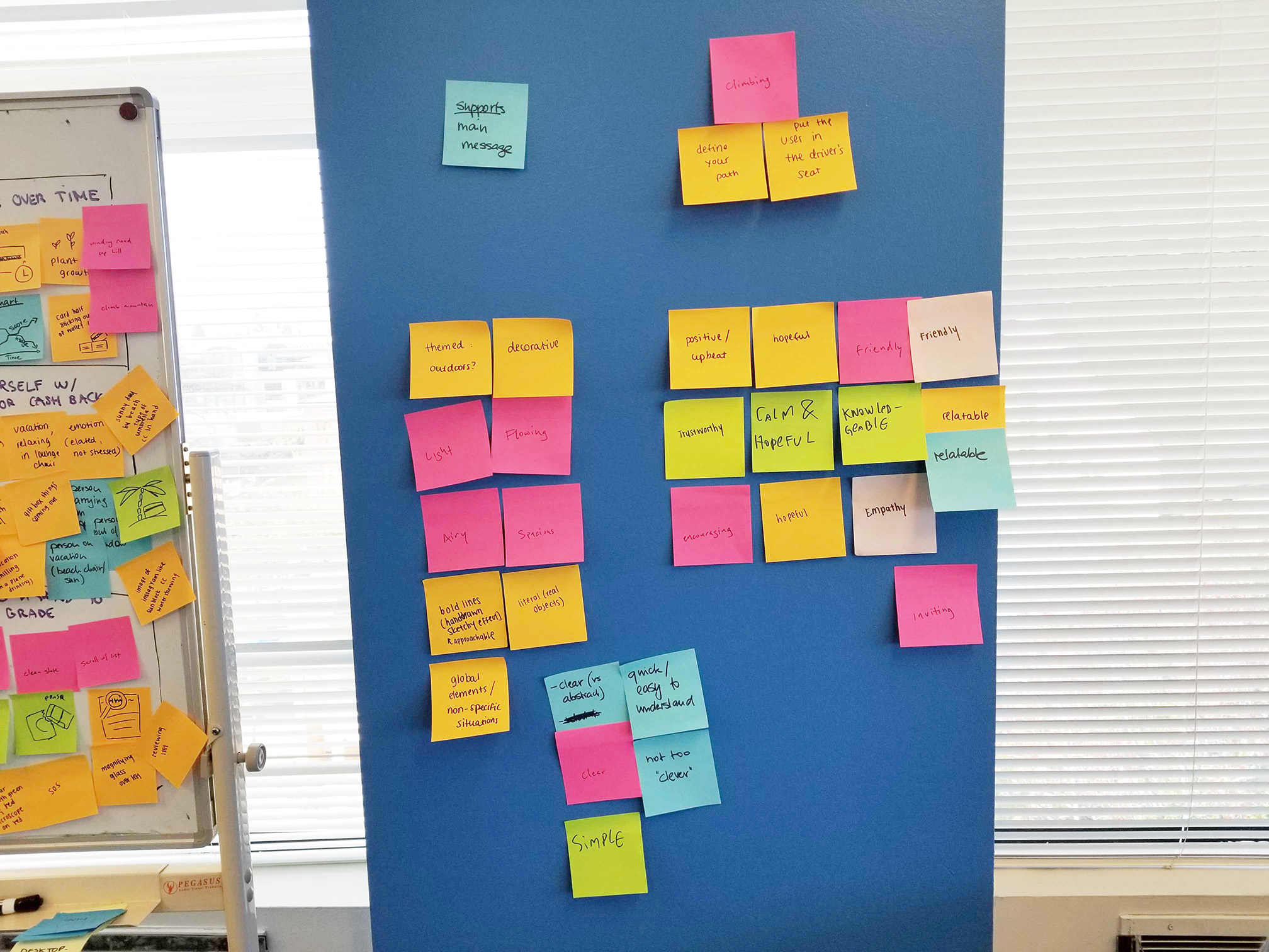 photo of clustered post-its with attributes to define Credit Sesame's illustration system