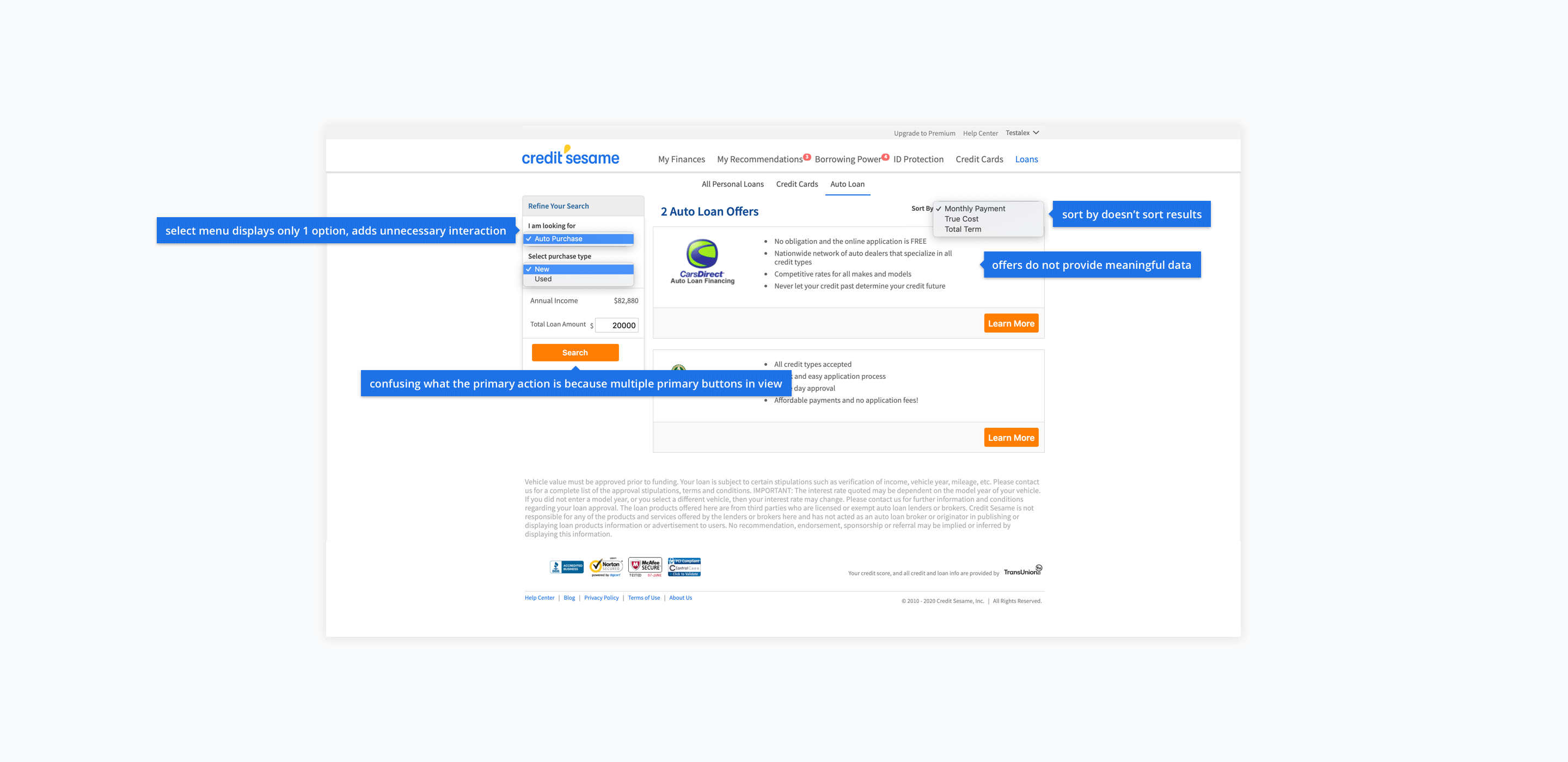 a gif containing a screenshot of the current purchase auto loan screen with annotations, and a screenshot of the current refinance auto screen with annotations
