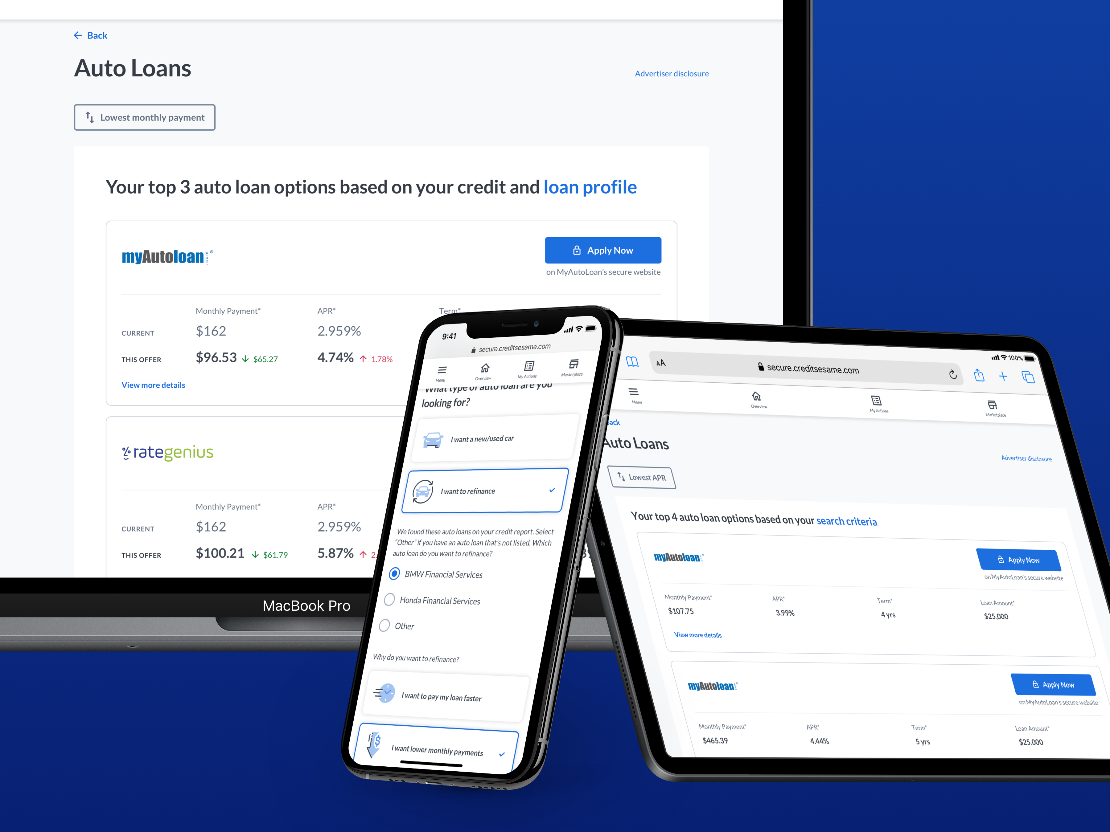 Credit Sesame Auto Loan redesign on macbook, ipad, and iphone 11 pro