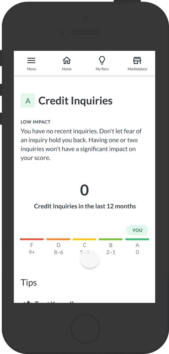 animation of a credit factors page displaying a tips section at the bottom of the page