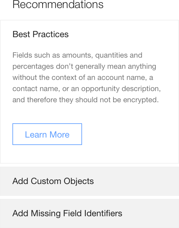 Recommendations panel UI with a section called Best Practices expanded